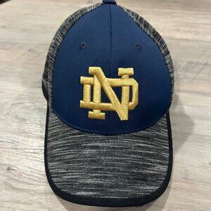 Notre Dame ND Gold Logo Heather Gray Navy Blue Flex Fit College Hat Cap